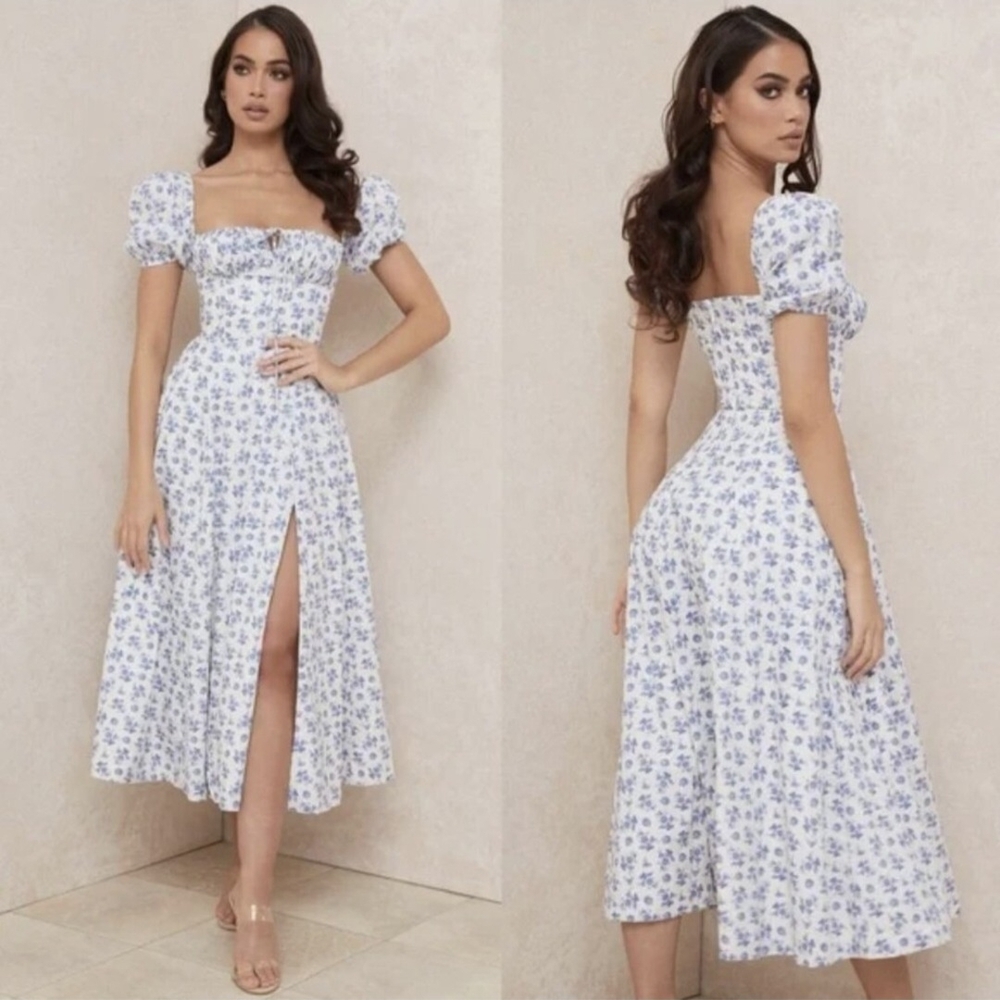 House of CB 'Tallulah' Blue Floral Puff Sleeve Midi Dress - Picture 4 of 11